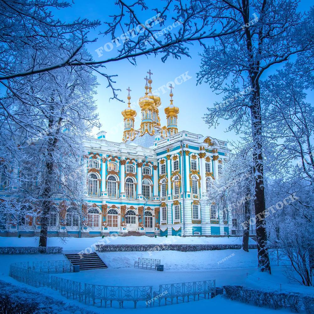 На фотографии изображен Екатерининский дворец в Царском Селе, Санкт-Петербург, утопающий в зимнем убранстве. Здание выделяется золотыми куполами и богатыми фасадами в стиле барокко, которые особенно красивы на фоне заснеженных деревьев и ясного зимнего неба. Екатерининский дворец является одним из самых известных памятников архитектуры России. В зимний период его фасады контрастируют с белым снегом, создавая атмосферу сказочной роскоши.